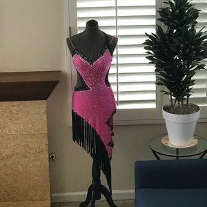Pink and black asymmetrical ballroom dance dress